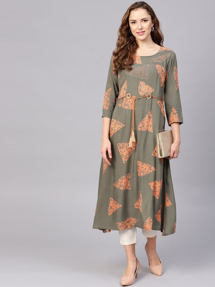 Olive Green & Orange A-Line Kurta-Yufta Store-DBNWKU1573S