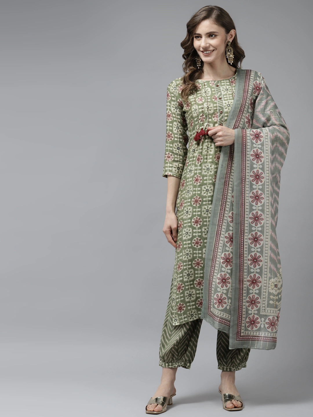 Olive Green Printed Dupatta Set-Yufta Store-9810SKDOLS