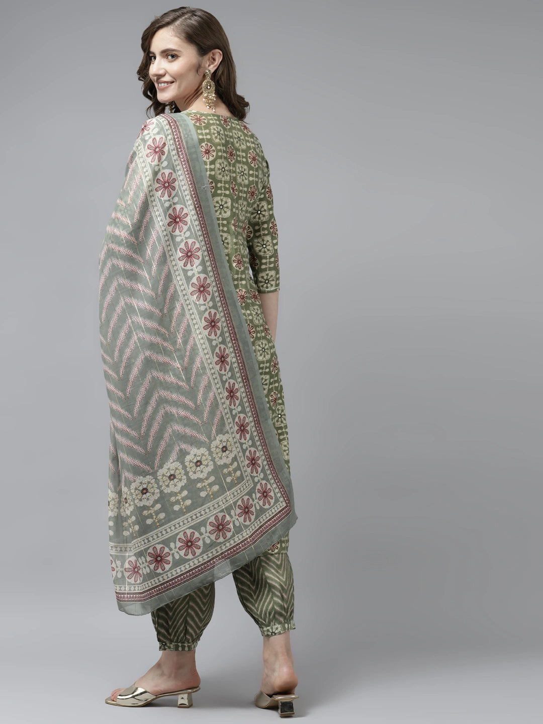 Olive Green Printed Dupatta Set-Yufta Store-9810SKDOLS