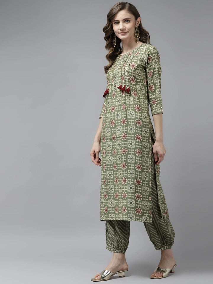 Olive Green Printed Dupatta Set-Yufta Store-9810SKDOLS