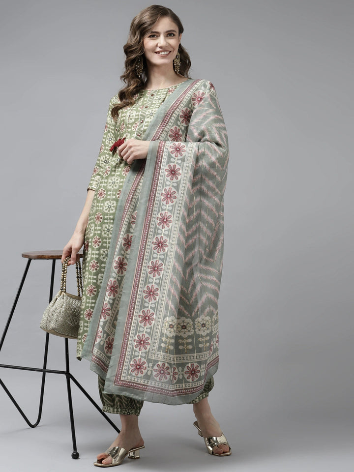 Olive Green Printed Dupatta Set-Yufta Store-9810SKDOLS