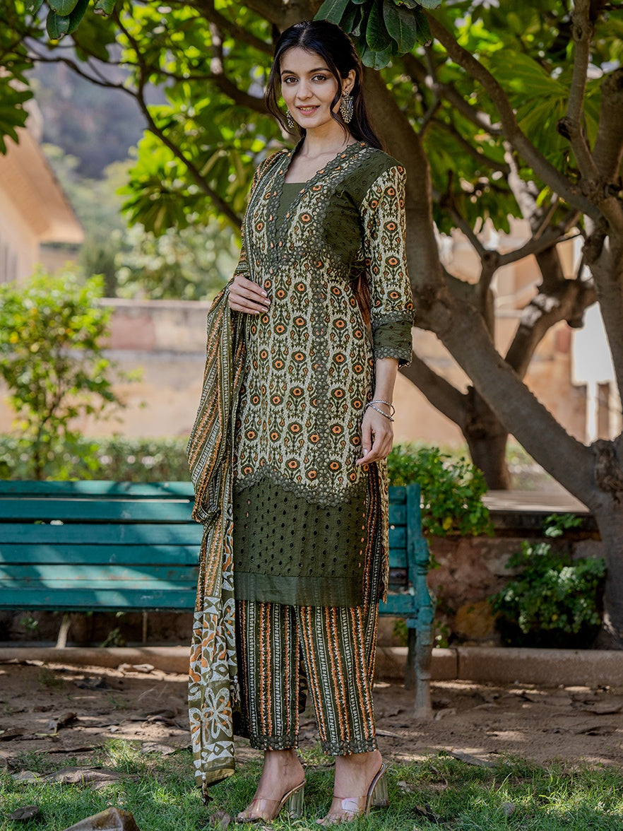 Olive Green Printed Kurta Dupatta Set-Yufta Store-6802SKDOLS