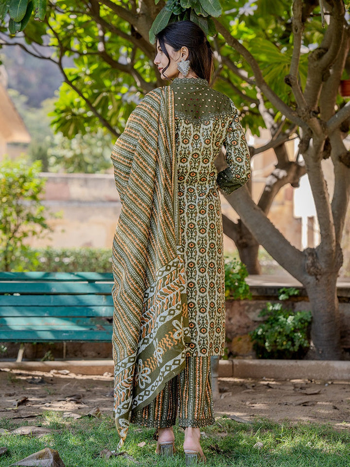 Olive Green Printed Kurta Dupatta Set-Yufta Store-6802SKDOLS