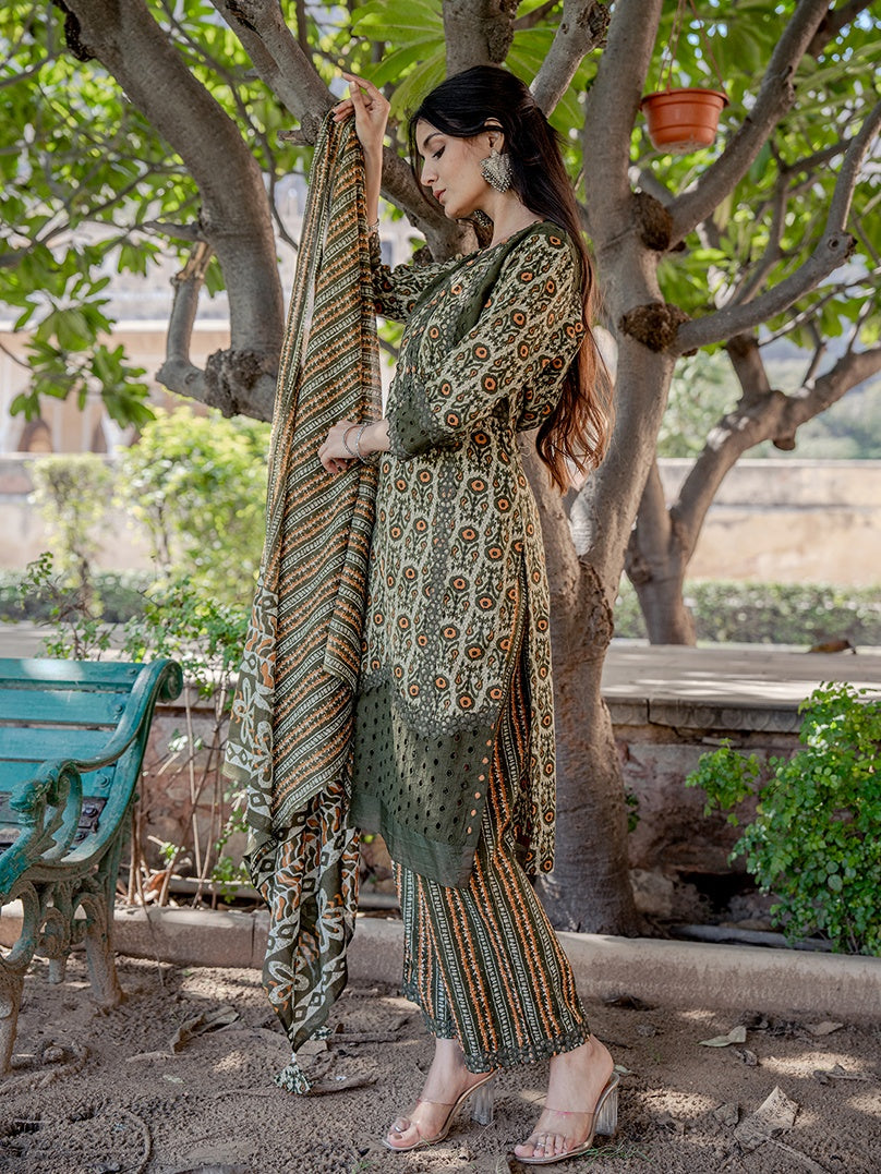 Olive Green Printed Kurta Dupatta Set-Yufta Store-6802SKDOLS