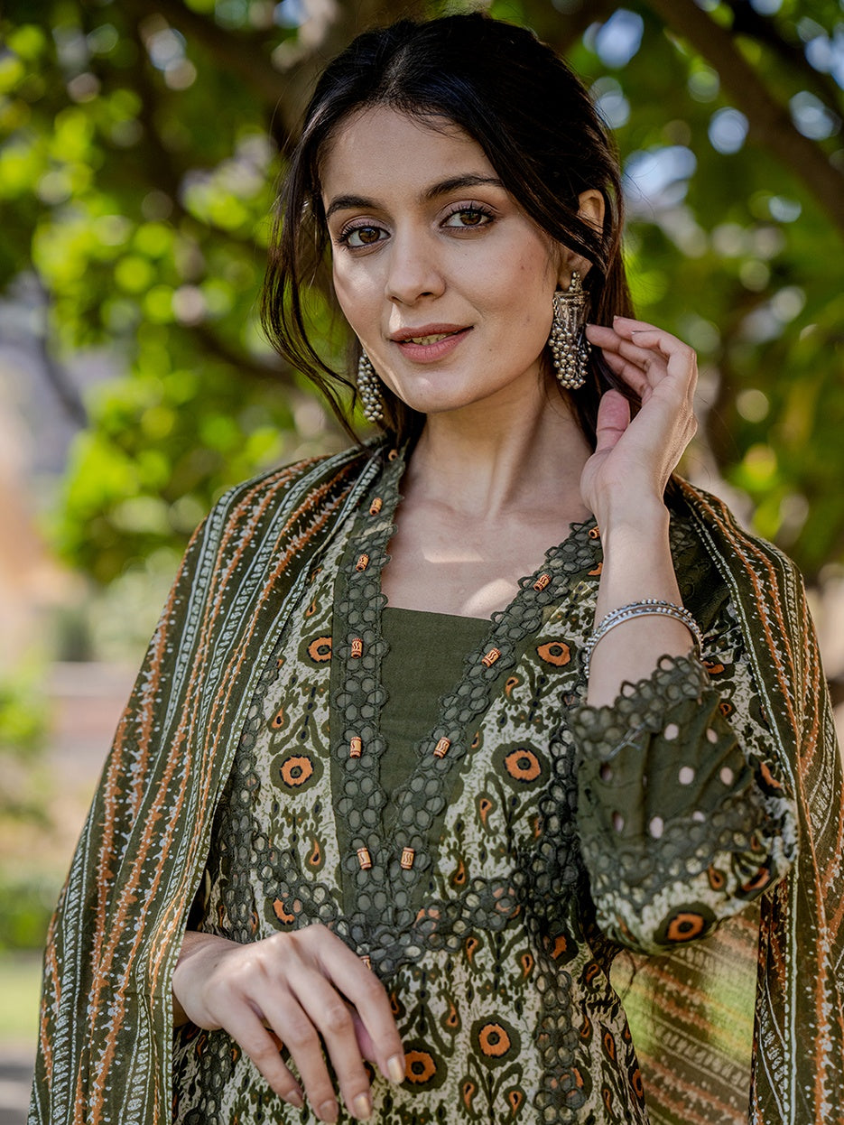 Olive Green Printed Kurta Dupatta Set-Yufta Store-6802SKDOLS