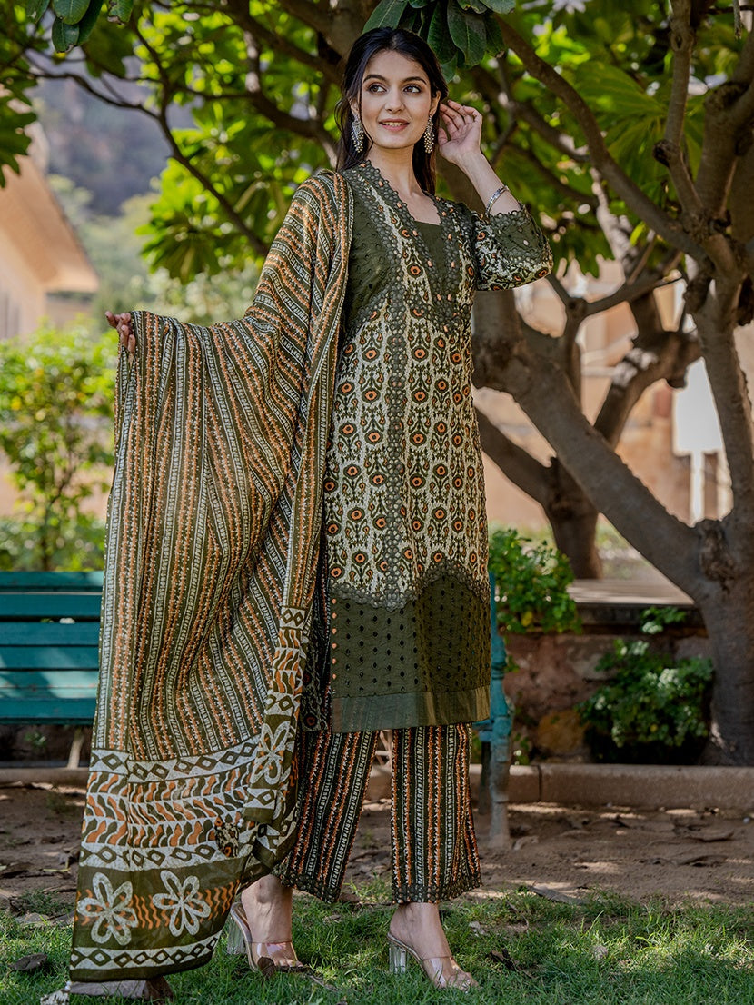 Olive Green Printed Kurta Dupatta Set-Yufta Store-6802SKDOLS