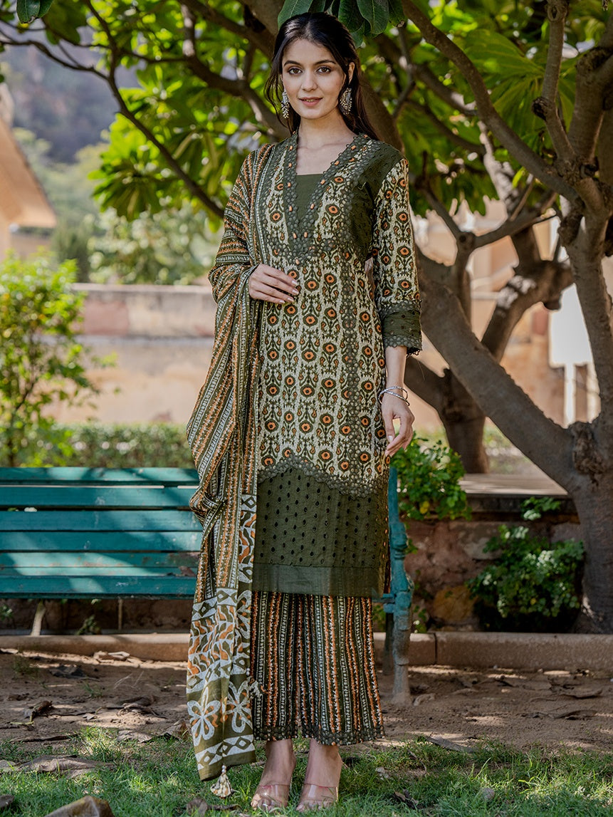 Olive Green Printed Kurta Dupatta Set-Yufta Store-6802SKDOLS