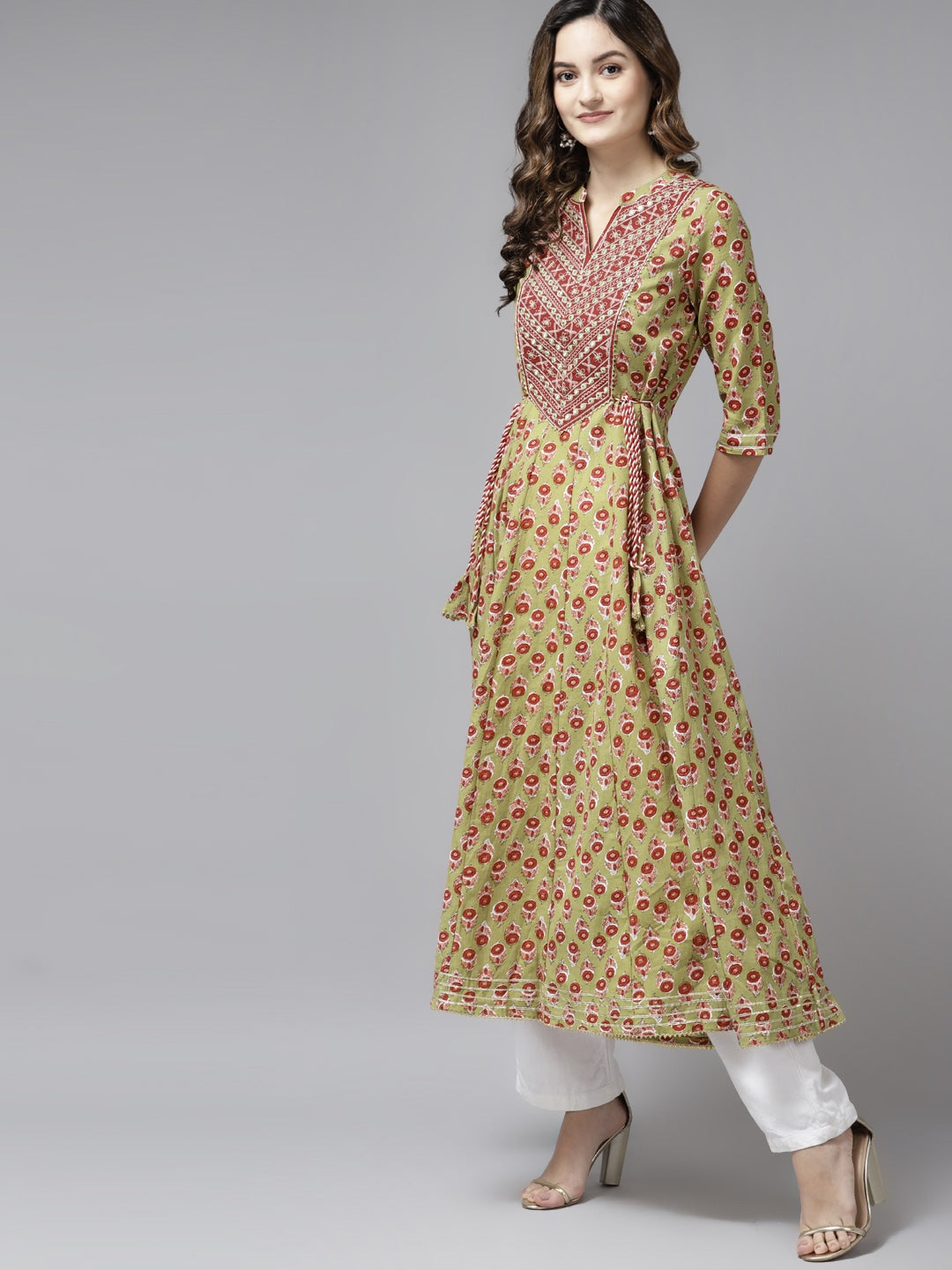 Olive Green Printed Kurta-Yufta Store-5407DRSBGM