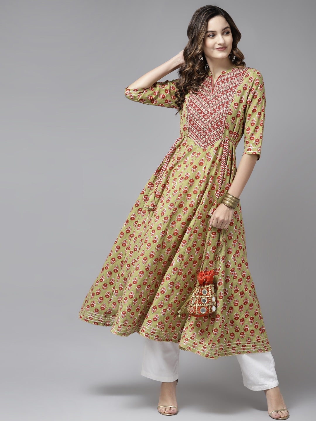 Olive Green Printed Kurta-Yufta Store-5407DRSBGM