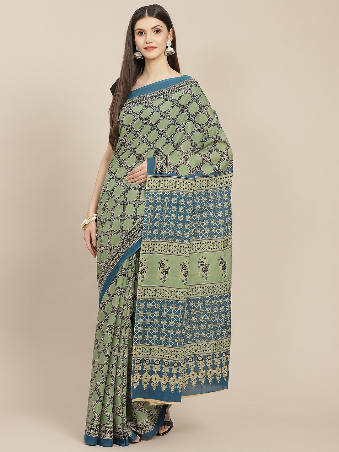 Olive Green Printed Saree-Yufta Store-6055SAROL