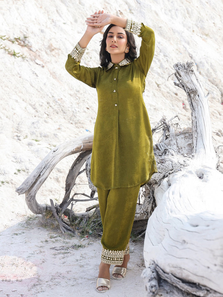 Olive Green Woven Design Co-ord set-Yufta Store-1902CRDOLM