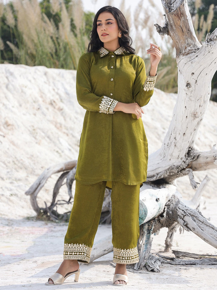 Olive Green Woven Design Co-ord set-Yufta Store-1902CRDOLM