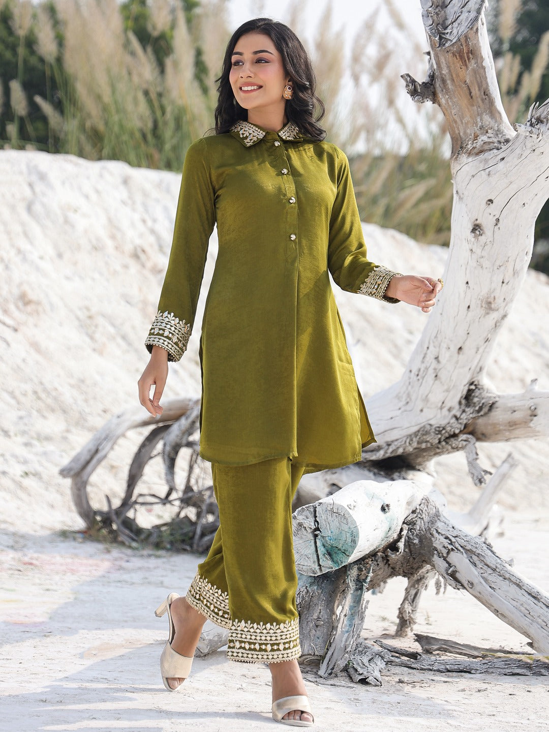 Olive Green Woven Design Co-ord set-Yufta Store-1902CRDOLM