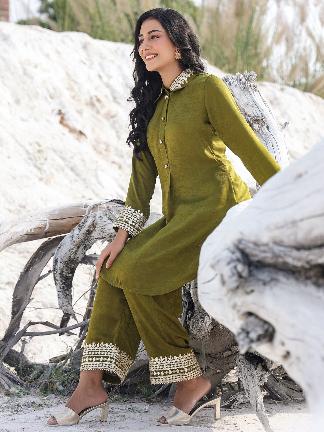 Olive Green Woven Design Co-ord set-Yufta Store-1902CRDOLM