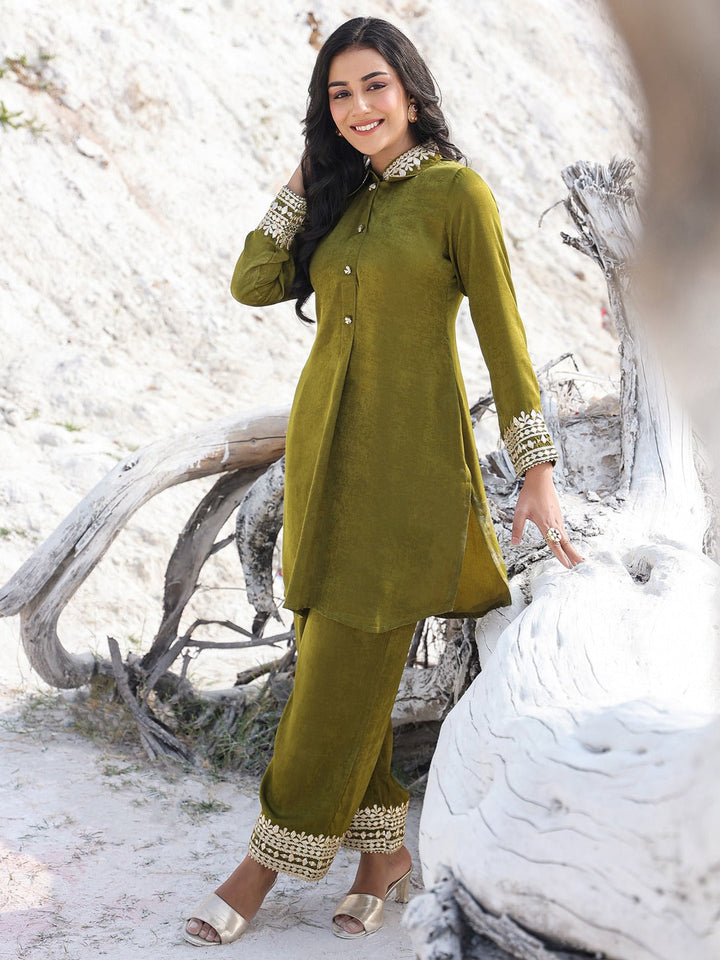 Olive Green Woven Design Co-ord set-Yufta Store-1902CRDOLM