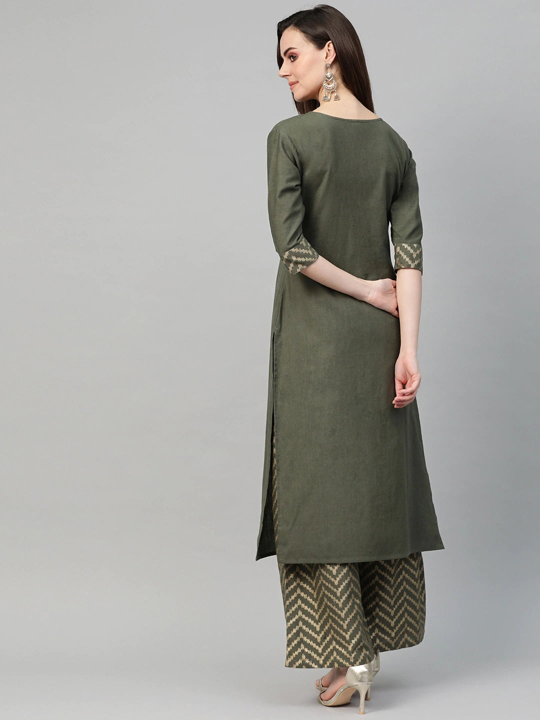 Olive Kurta Printed Set-Yufta Store-7344SETGYS