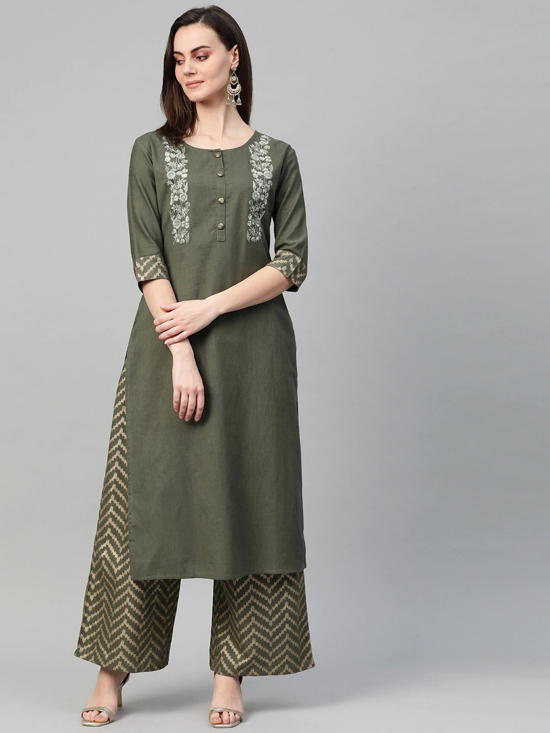 Olive Kurta Printed Set-Yufta Store-7344SETGYS