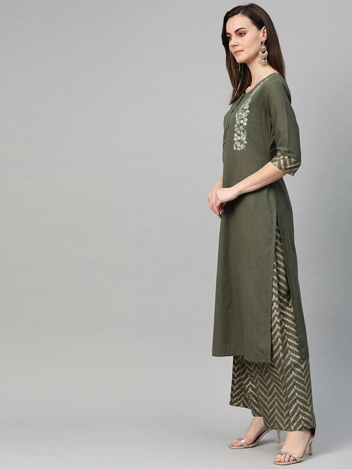 Olive Kurta Printed Set-Yufta Store-7344SETGYS