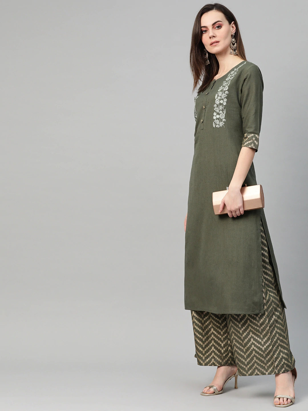 Olive Kurta Printed Set-Yufta Store-7344SETGYS