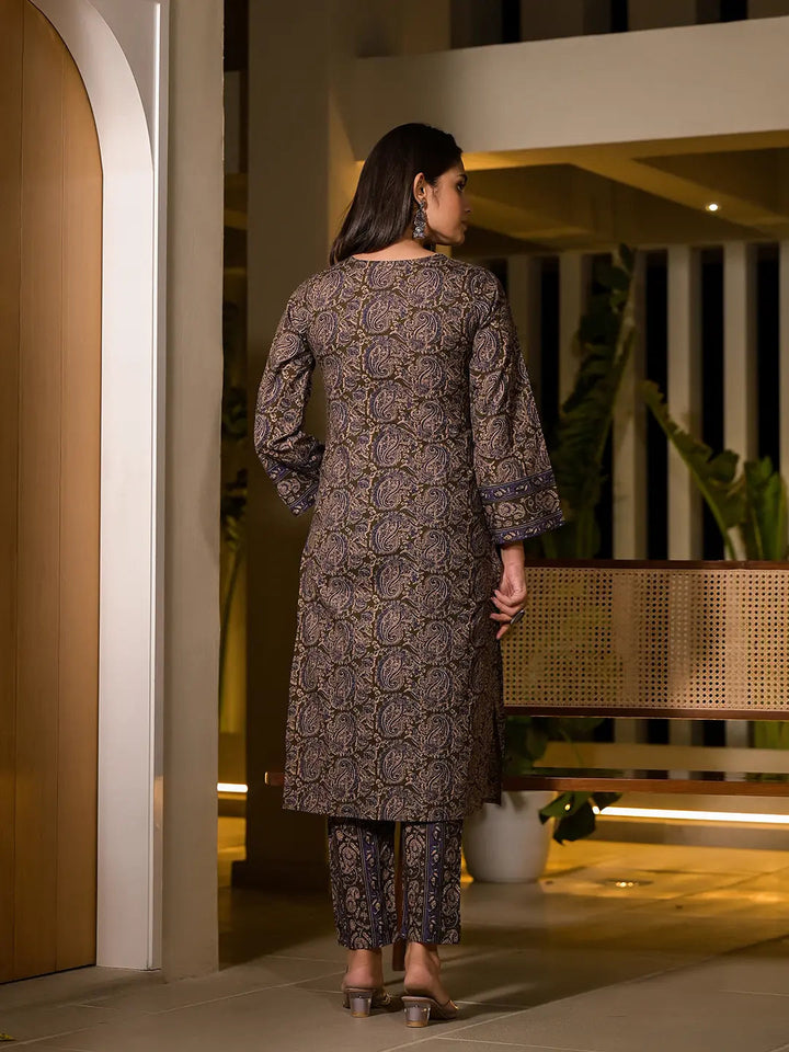 Olive Pure Cotton Paisley Print Pakistani Style Kurta And Trousers With Dupatta Set-Yufta Store-1012SKDOLS