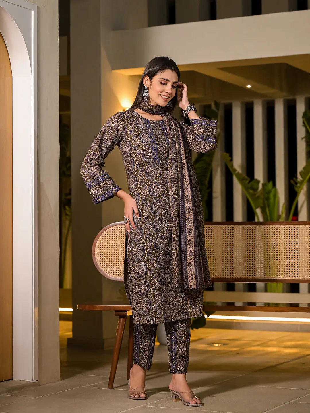 Olive Pure Cotton Paisley Print Pakistani Style Kurta And Trousers With Dupatta Set-Yufta Store-1012SKDOLS