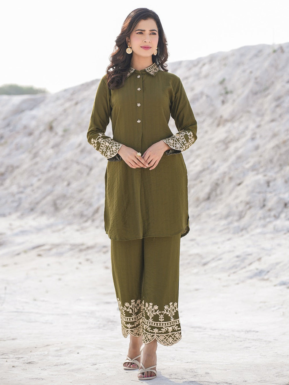 Olive Pure Silk Co-ord set-Yufta Store-1914CRDOLM