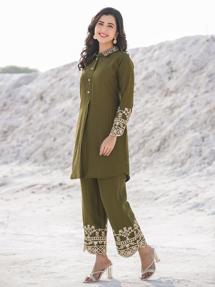 Olive Pure Silk Co-ord set-Yufta Store-1914CRDOLM