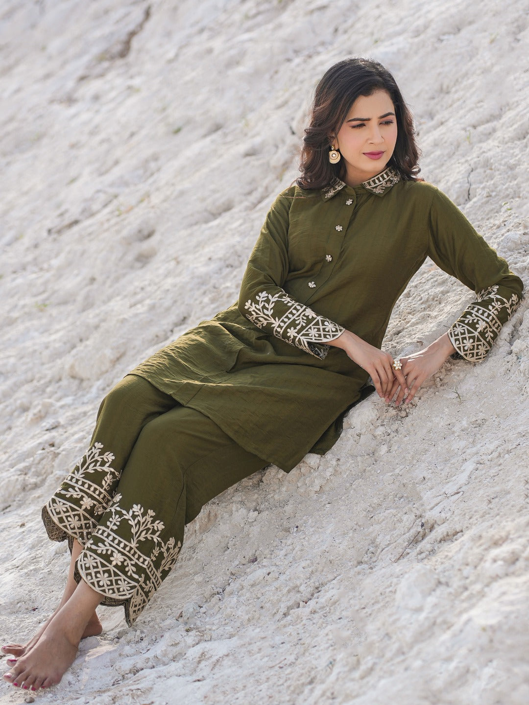 Olive Pure Silk Co-ord set-Yufta Store-1914CRDOLM