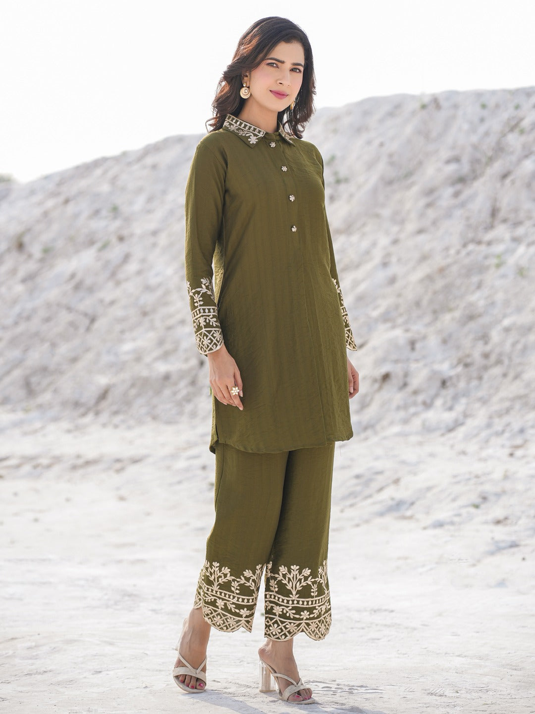 Olive Pure Silk Co-ord set-Yufta Store-1914CRDOLM