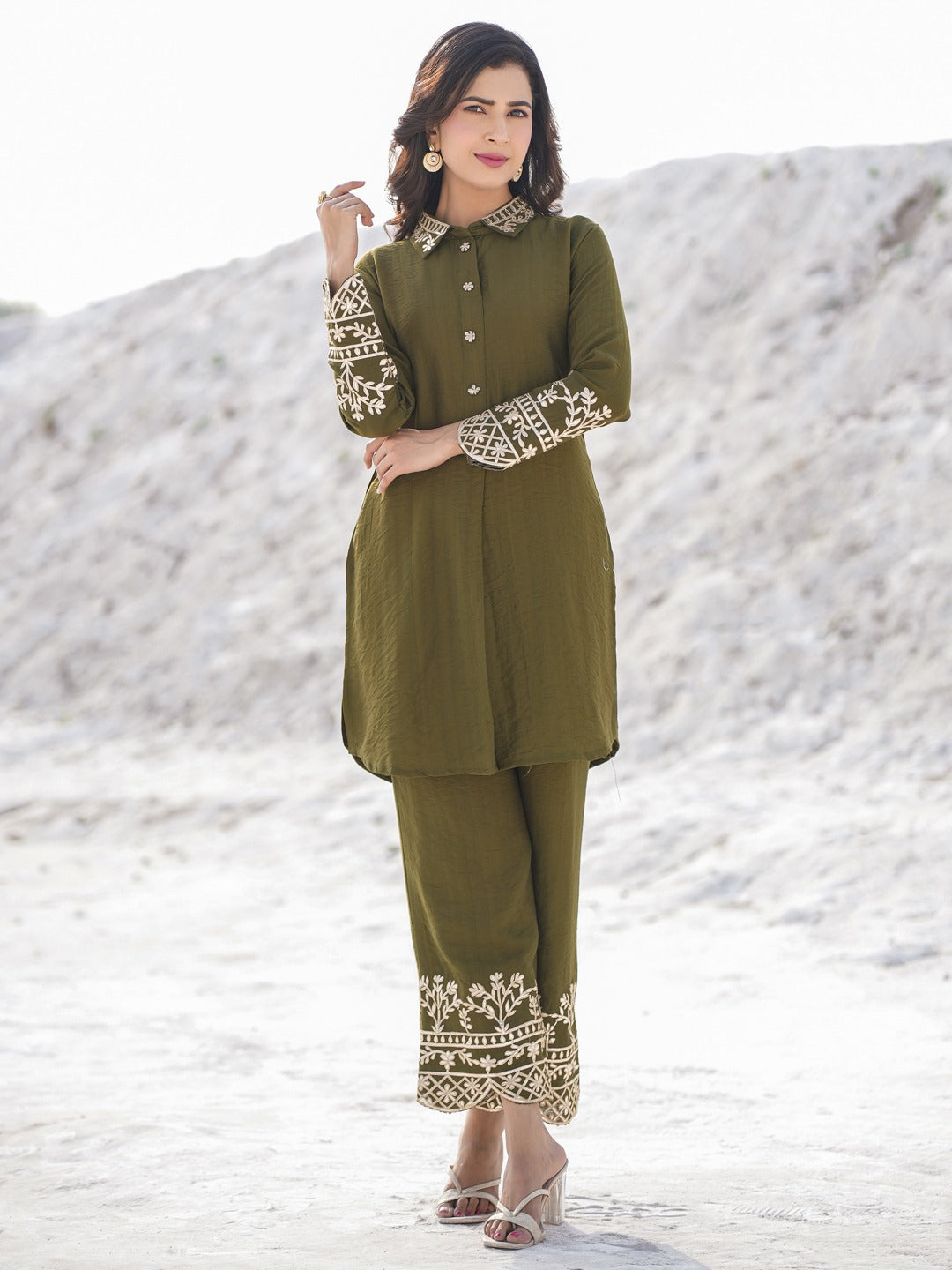 Olive Pure Silk Co-ord set-Yufta Store-1914CRDOLM