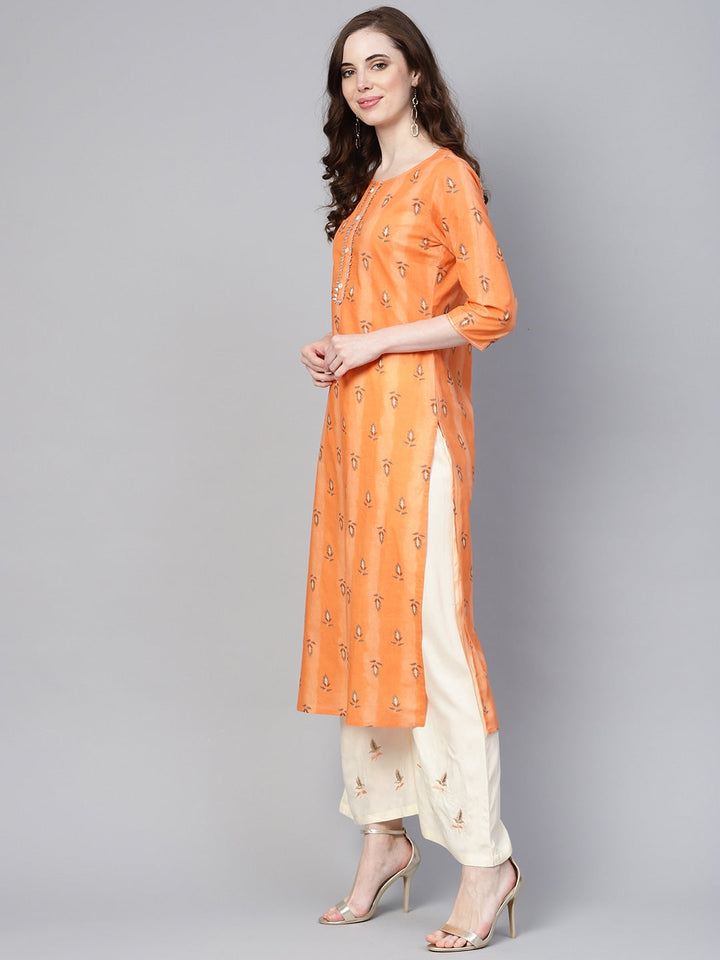 Orange & Cream Printed Kurta Set-Yufta Store-YUFGKSET727ORS