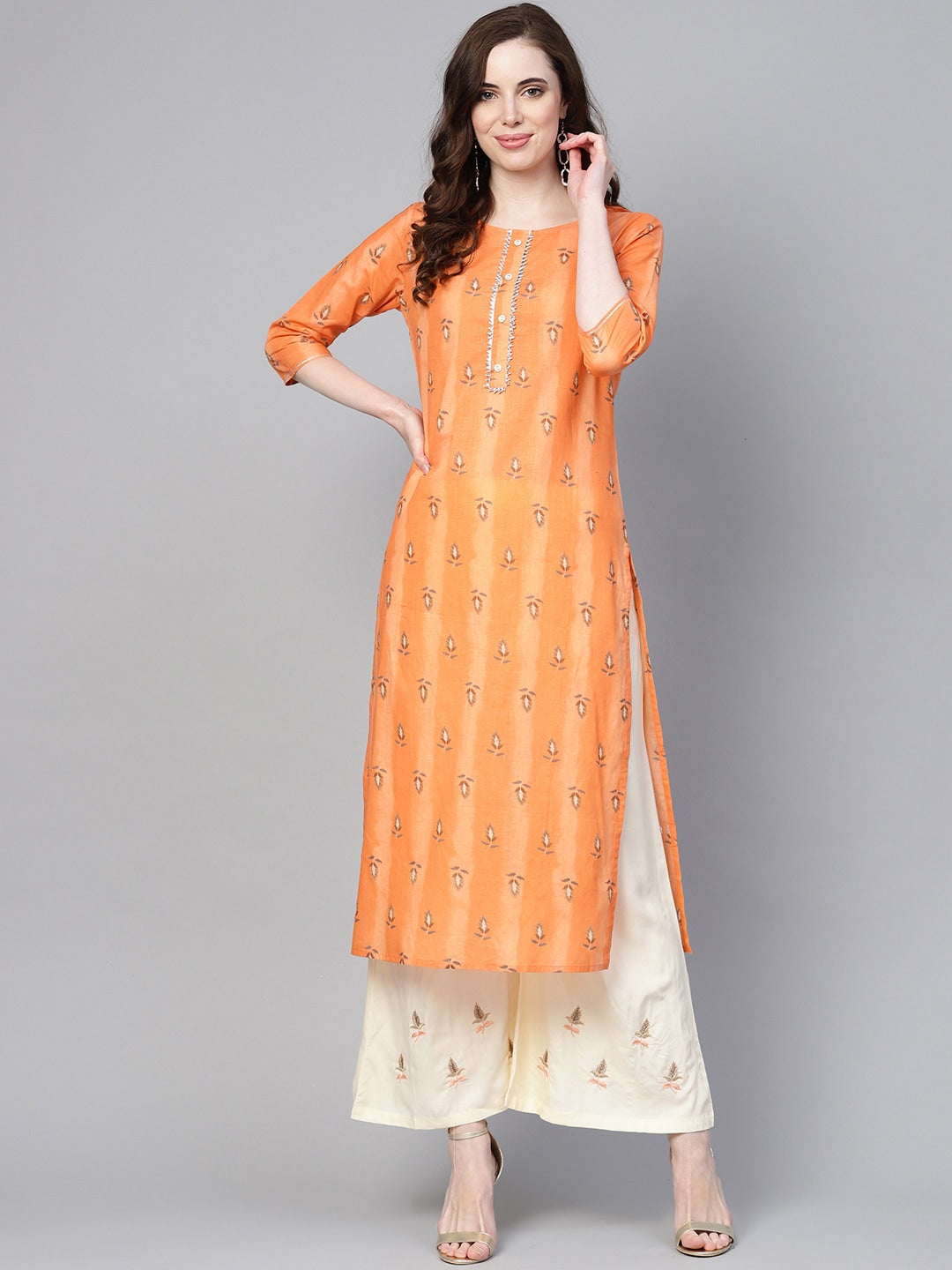 Orange & Cream Printed Kurta Set-Yufta Store-YUFGKSET727ORS