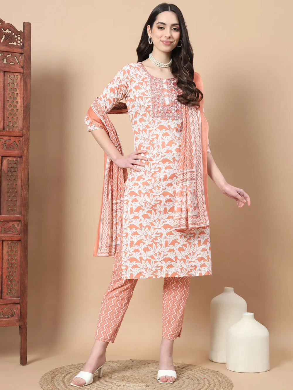 Orange Floral,Sequins_Work Straight Kurta Trouser And Dupatta Set-Yufta Store-1752SKDORS