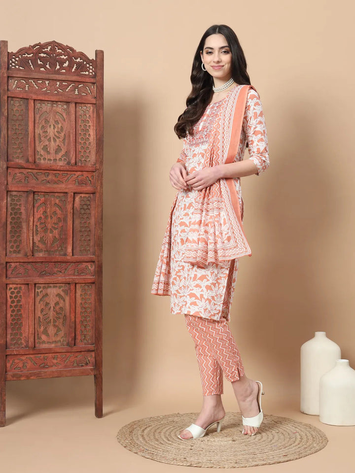 Orange Floral,Sequins_Work Straight Kurta Trouser And Dupatta Set-Yufta Store-1752SKDORS