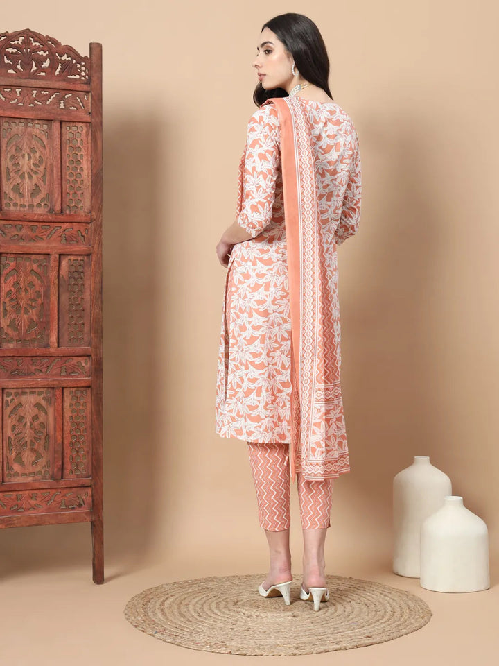 Orange Floral,Sequins_Work Straight Kurta Trouser And Dupatta Set-Yufta Store-1752SKDORS