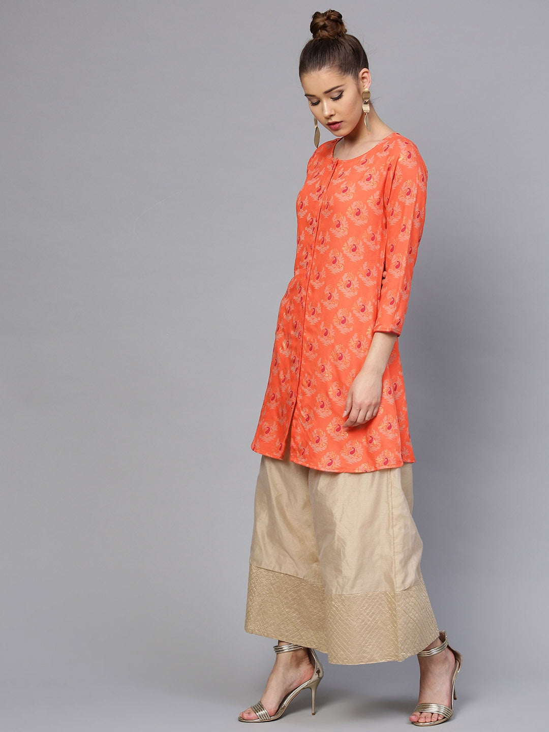 Orange & Gold Printed Kurta-Yufta Store-YUFPJTU905PS