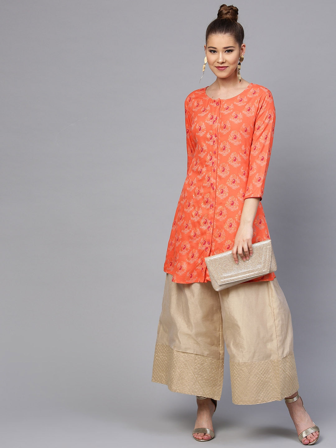 Orange & Gold Printed Kurta-Yufta Store-YUFPJTU905PS