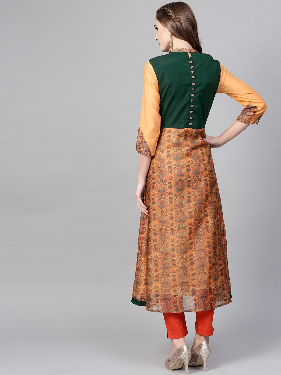 Orange & Green A-Line Kurta-Yufta Store-YUFNKU1845S