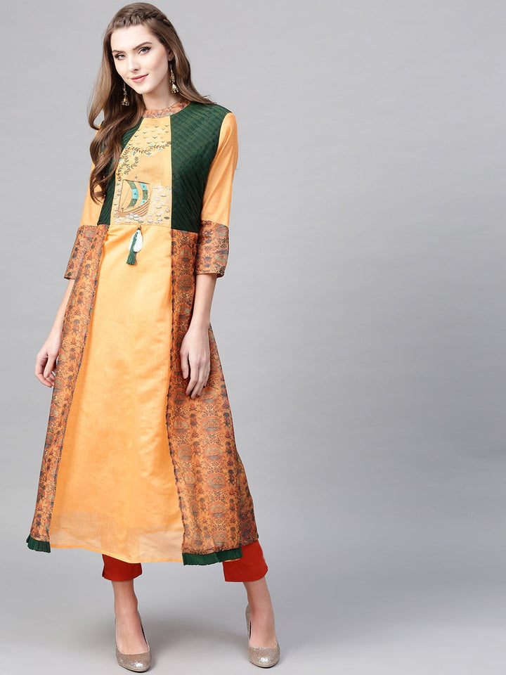 Orange & Green A-Line Kurta-Yufta Store-YUFNKU1845S