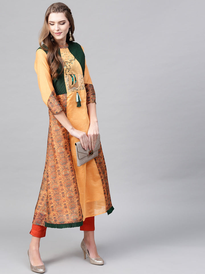 Orange & Green A-Line Kurta-Yufta Store-YUFNKU1845S