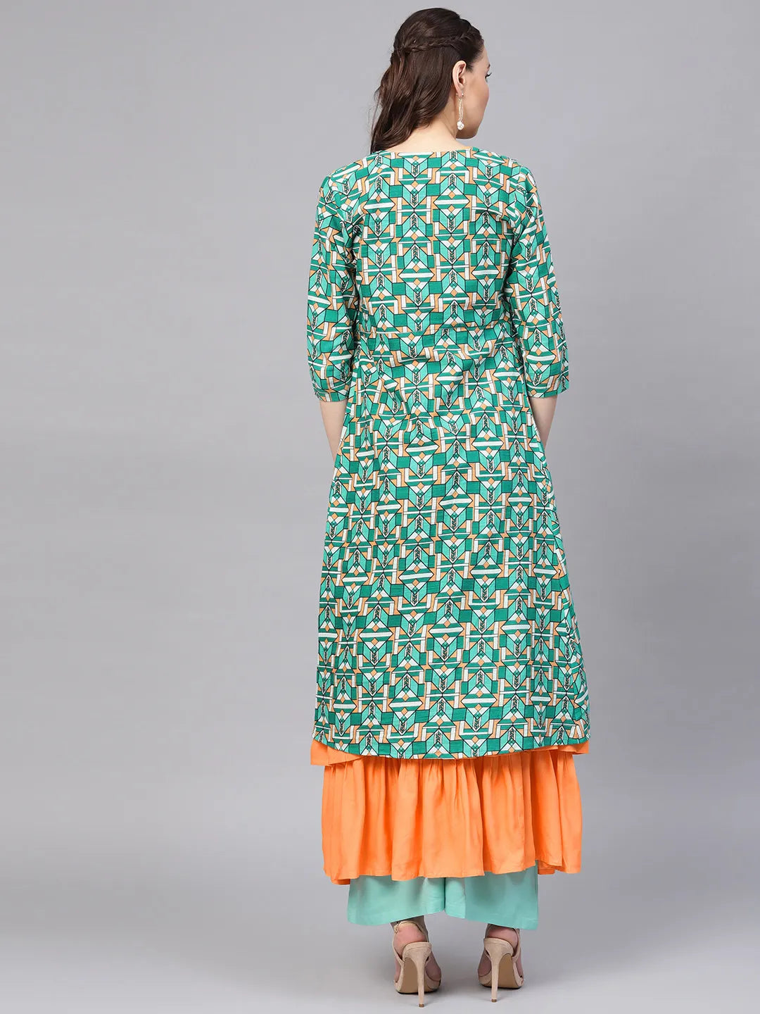 Orange & Green A-Line Kurta-Yufta Store-YUFPJKU852S