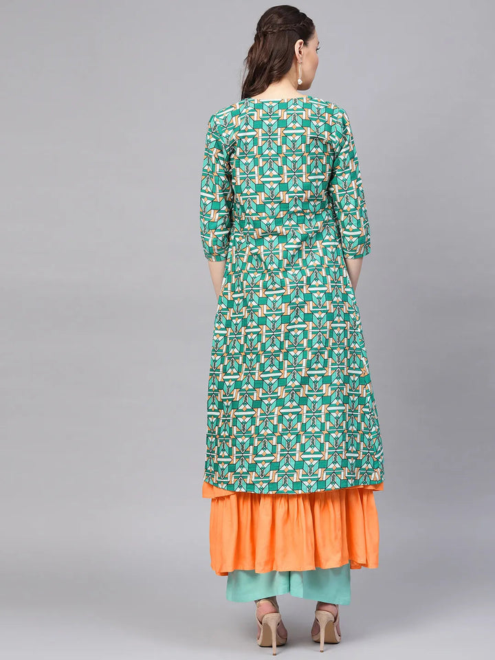 Orange & Green A-Line Kurta-Yufta Store-YUFPJKU852S