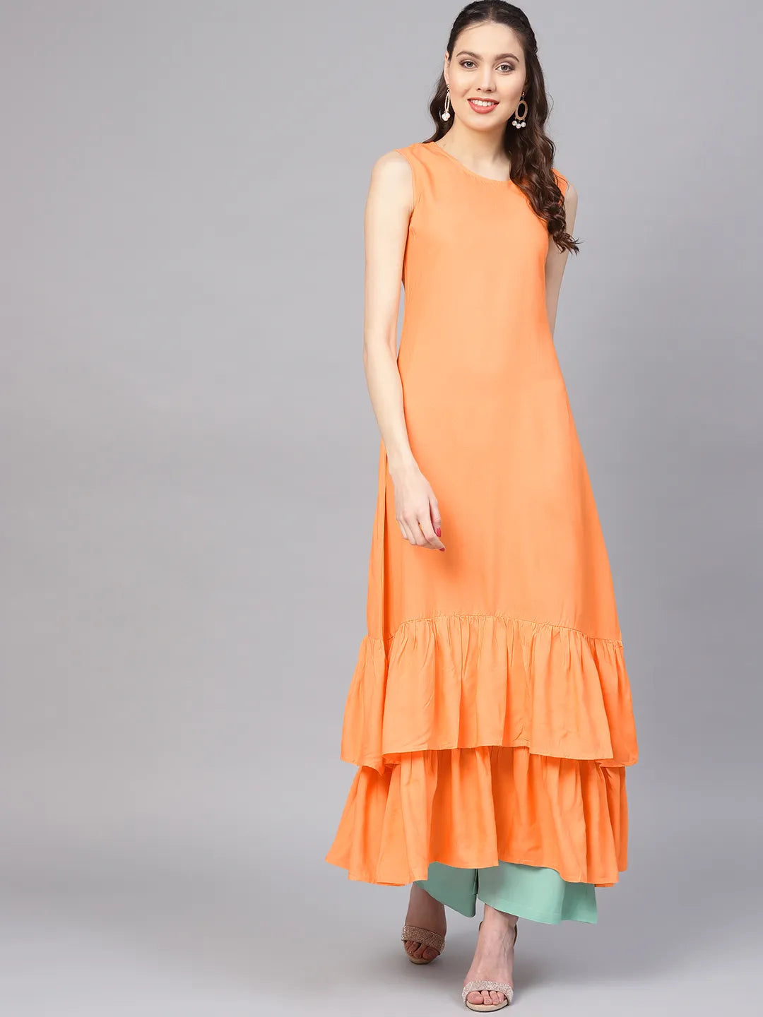 Orange & Green A-Line Kurta-Yufta Store-YUFPJKU852S