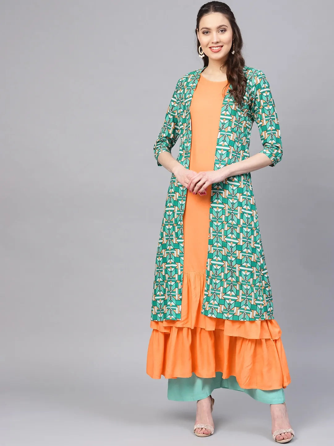 Orange & Green A-Line Kurta-Yufta Store-YUFPJKU852S