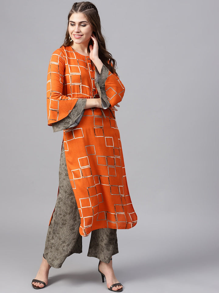 Orange & Grey Printed Kurta Set-Yufta Store-YUFNSET1976S