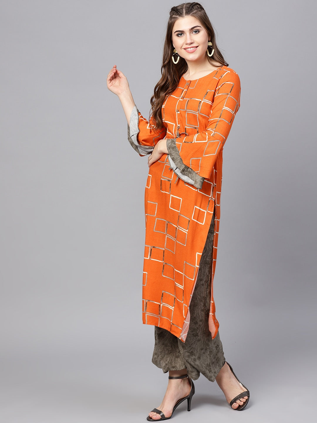 Orange & Grey Printed Kurta Set-Yufta Store-YUFNSET1976S