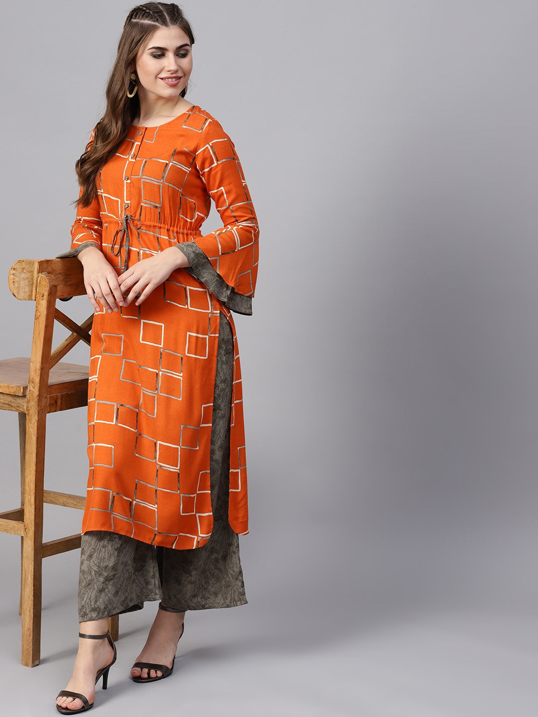 Orange & Grey Printed Kurta Set-Yufta Store-YUFNSET1976S