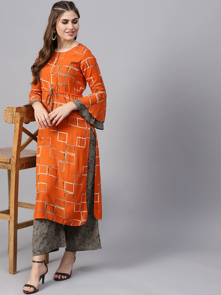 Orange & Grey Printed Kurta Set-Yufta Store-YUFNSET1976S