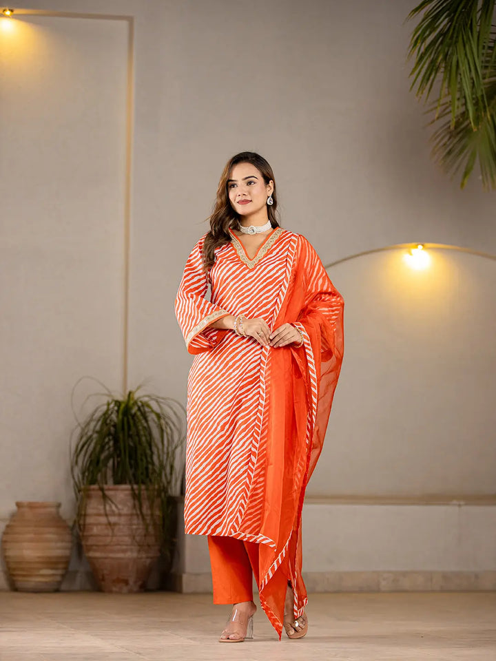 Orange Leheriya Print Cotton Straight Suit Set-Yufta Store-6960SKDORS