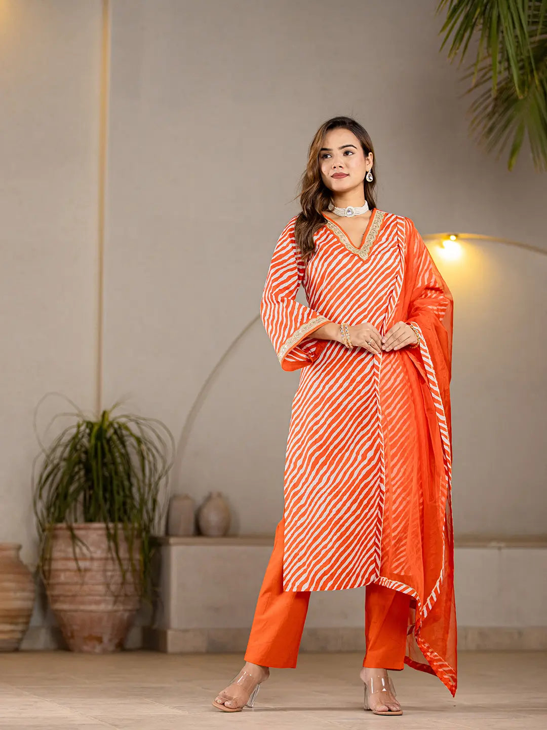 Orange Leheriya Print Cotton Straight Suit Set-Yufta Store-6960SKDORS